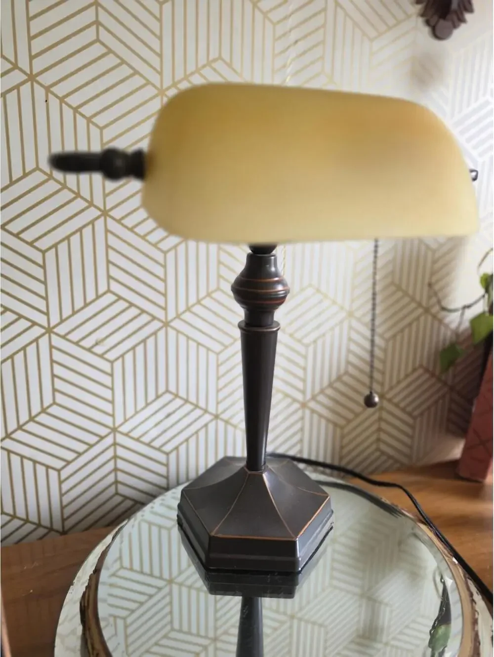 Traditional Bankers Lamp Bronze Hexagonal Base Amber Glass Shade
